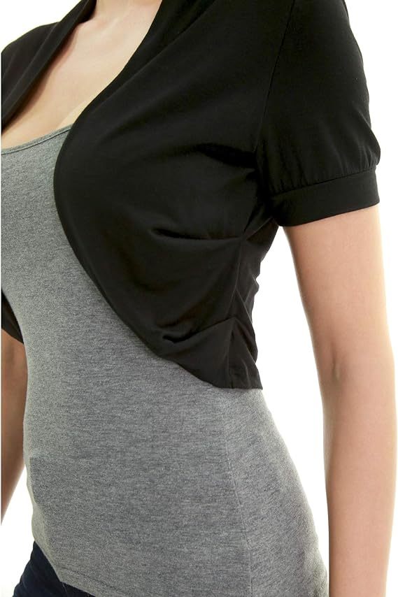 Women Short Sleeve Bolero Shrug Open Front Pleated Sides Cropped Cardigan
