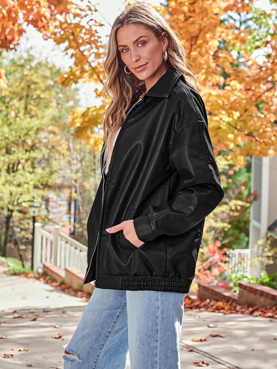 Women's Oversized Jackets, Leather Faux Motorcycle Plus Size Moto Biker Coat Fall Outfits Fashion Clothes 2024