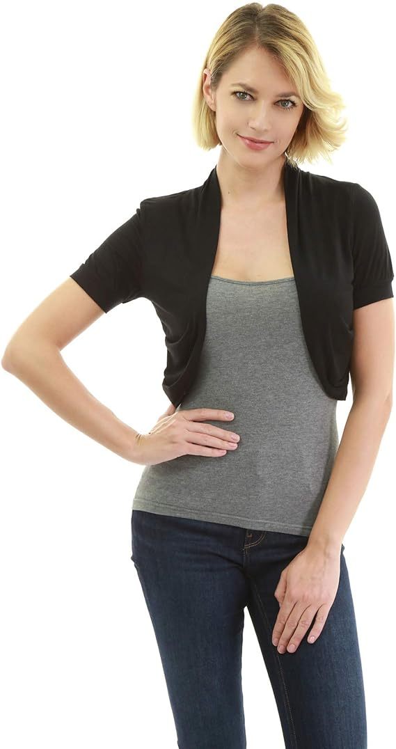 Women Short Sleeve Bolero Shrug Open Front Pleated Sides Cropped Cardigan