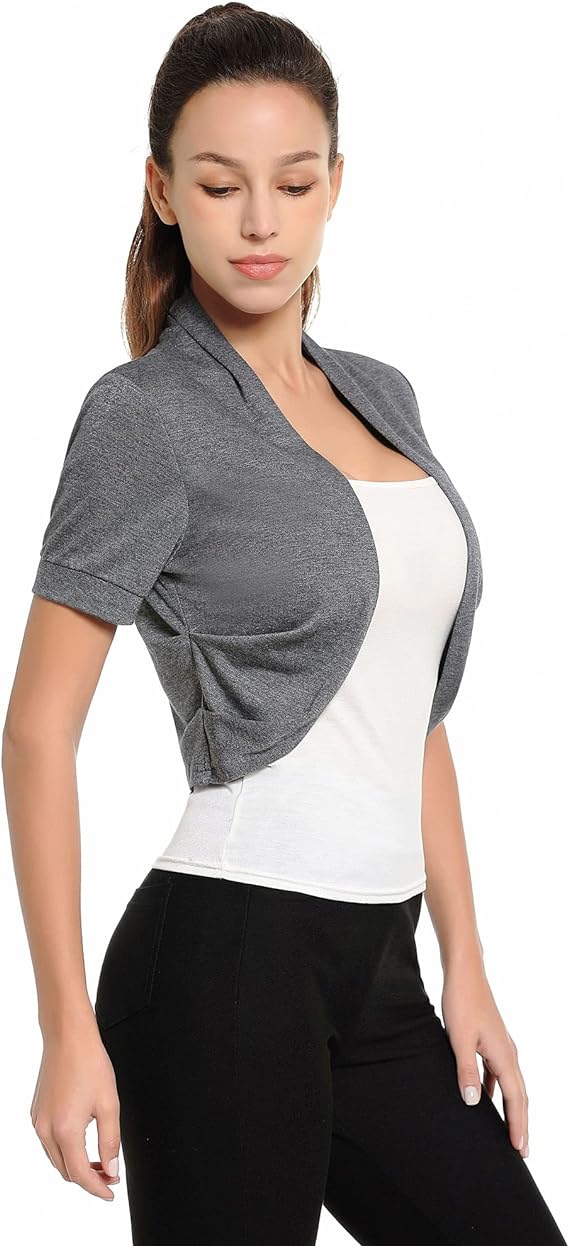 Women Short Sleeve Bolero Shrug Open Front Pleated Sides Cropped Cardigan