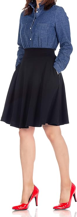 Women's Cotton Blend High Waist Aline Hidden Pockets Full Flared Circle Skater Knee Length Skirt