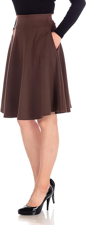 Women's Cotton Blend High Waist Aline Hidden Pockets Full Flared Circle Skater Knee Length Skirt