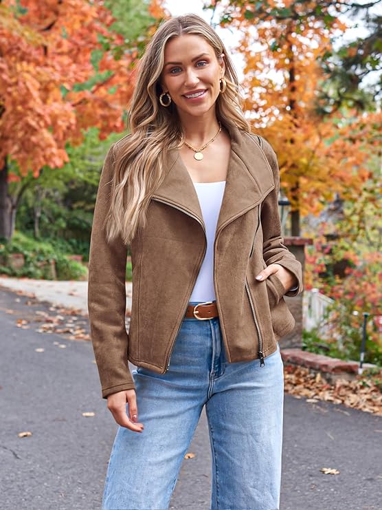 Womens Faux Leather Jackets Suede Fall Fashion  Outfits Winter Clothes Open Front Cropped Coat Outwear