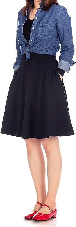 Women's Cotton Blend High Waist Aline Hidden Pockets Full Flared Circle Skater Knee Length Skirt