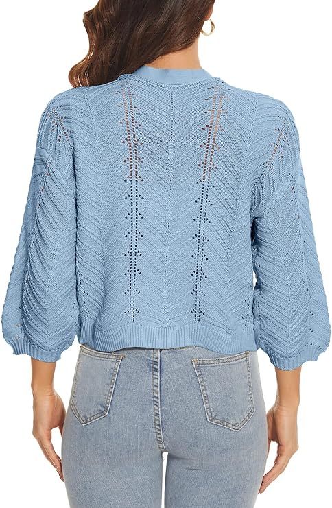 Womens 3/4 Sleeve Soft Crochet Cardigan Batwing Open Front Shrugs Cropped Sweater