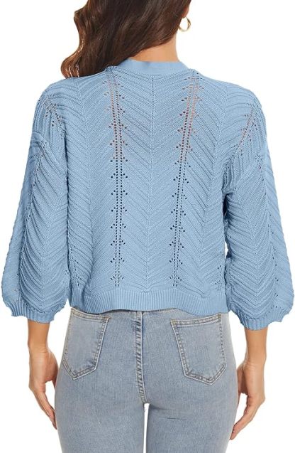 Womens 3/4 Sleeve Soft Crochet Cardigan Batwing Open Front Shrugs Cropped Sweater