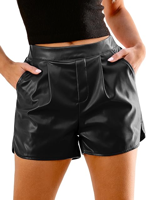 Faux Leather Shorts for Women High Wasited Pull On Pleated Side Slit Pleather Shorts with Elastic Waist Pockets