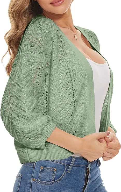 Womens 3/4 Sleeve Soft Crochet Cardigan Batwing Open Front Shrugs Cropped Sweater