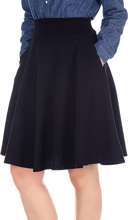 Women's Cotton Blend High Waist Aline Hidden Pockets Full Flared Circle Skater Knee Length Skirt