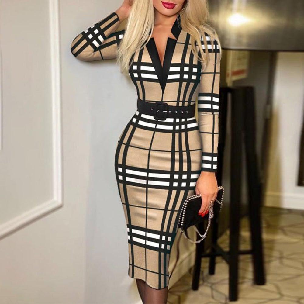 Stunning Brown Print V-Neck Bodycon Midi Dress