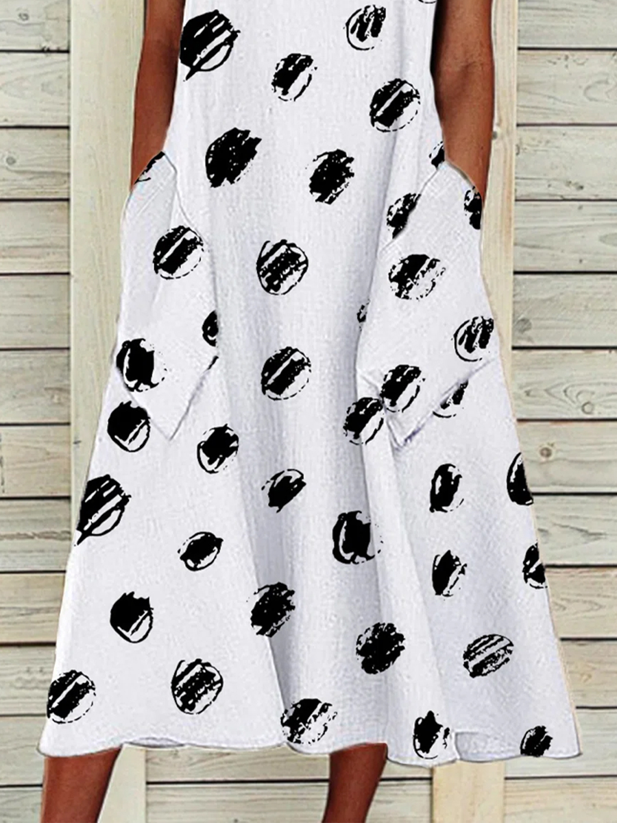 Vintage Print Short Sleeves V Neck Midi Dress