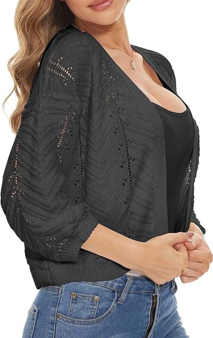 Womens 3/4 Sleeve Soft Crochet Cardigan Batwing Open Front Shrugs Cropped Sweater