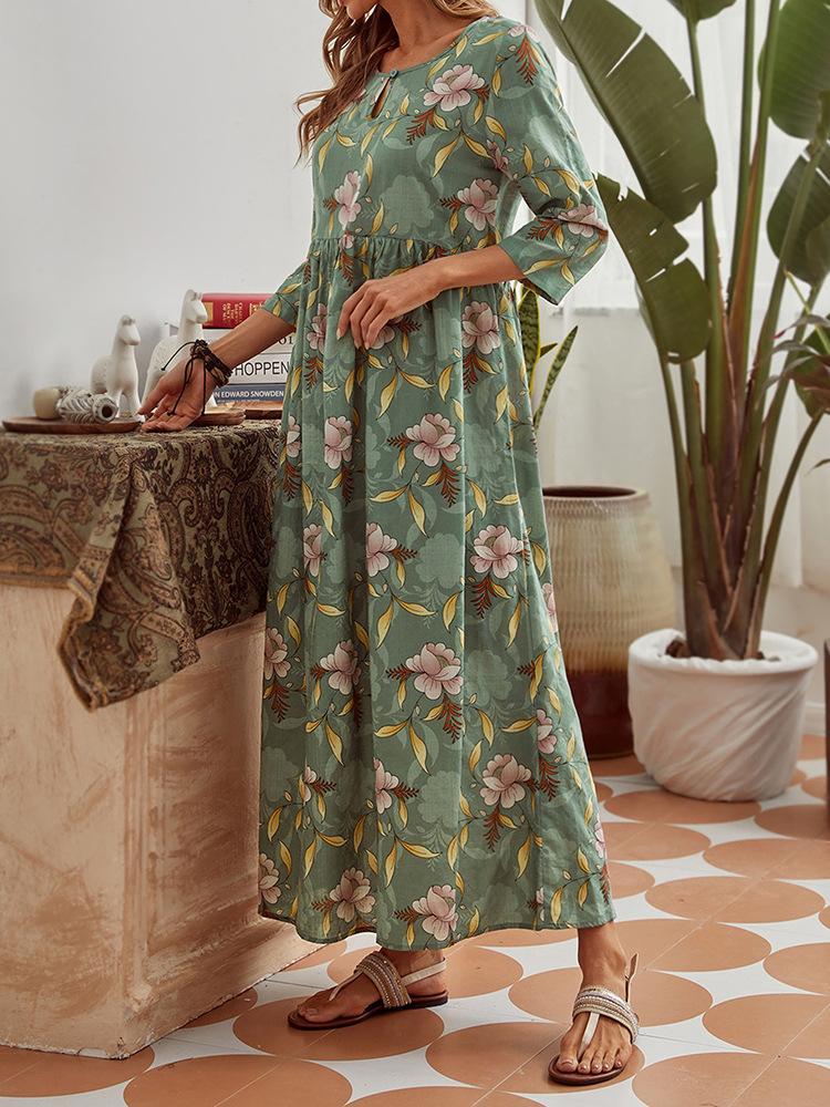 Cotton Loose Print Elegant Long Sleeve Dress