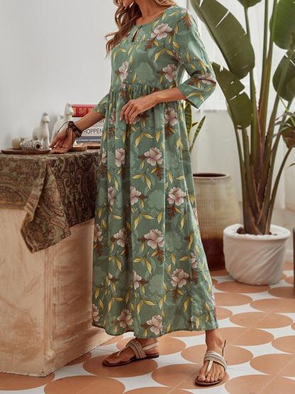 Cotton Loose Print Elegant Long Sleeve Dress