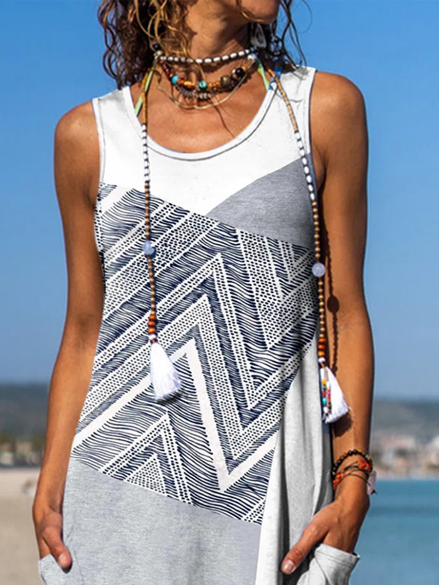 Casual Vintage Print Sleeveless Crew Neck Midi Dress