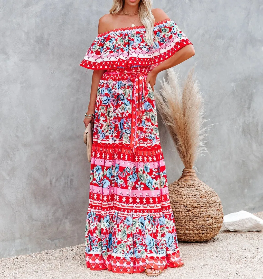 Maxi dress word shoulder printed summer women dress