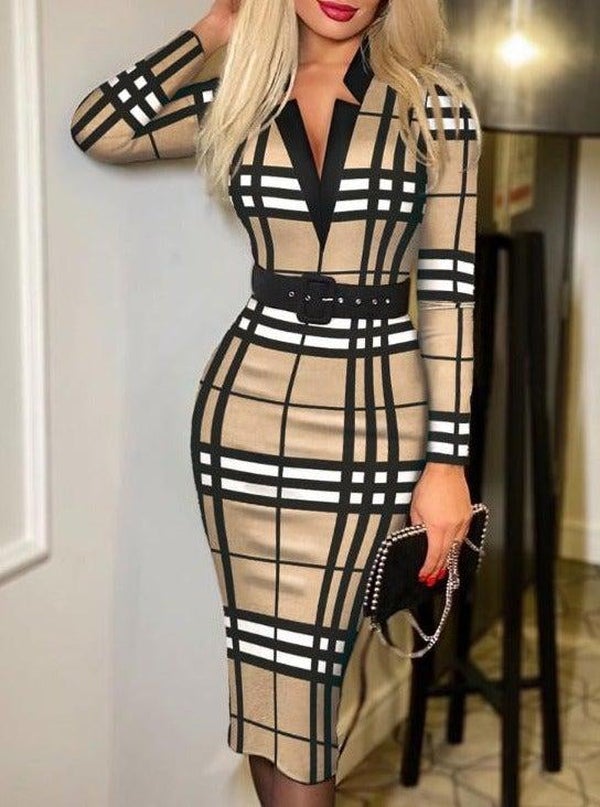 Stunning Brown Print V-Neck Bodycon Midi Dress