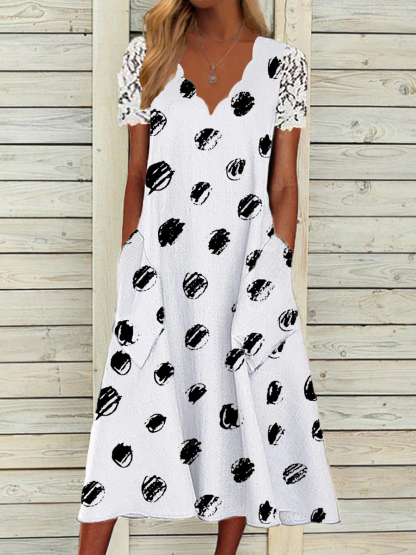 Vintage Print Short Sleeves V Neck Midi Dress