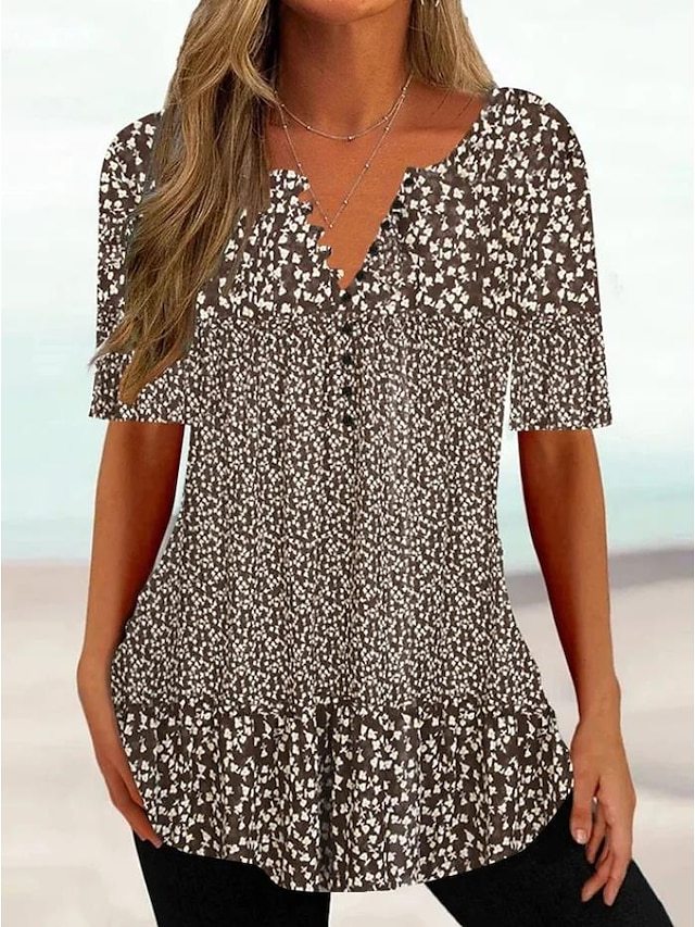 Women's T shirt Tee White Pink Blue Floral Button Print Short Sleeve Holiday Weekend Tunic Basic Round Neck Regular Floral Painting S