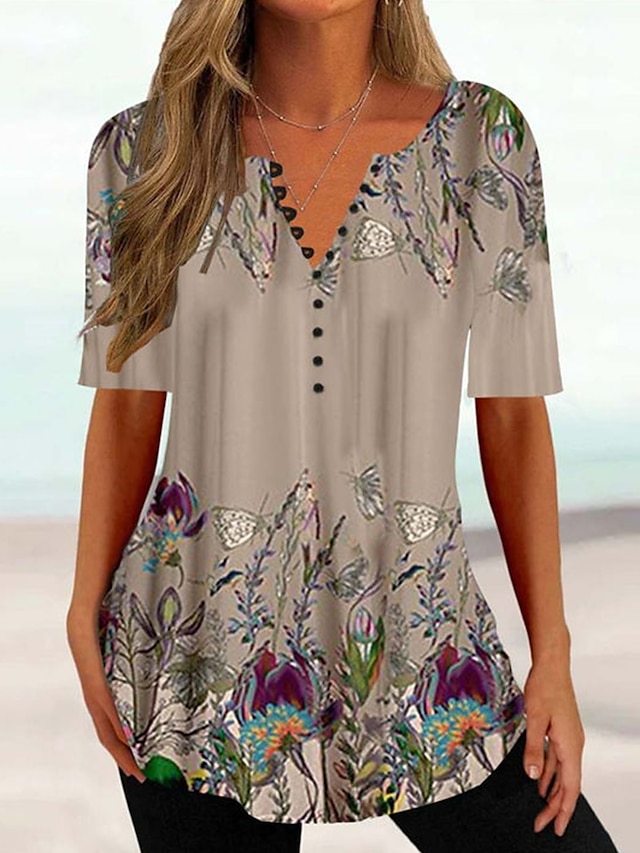 Women's T shirt Tee White Pink Blue Floral Button Print Short Sleeve H