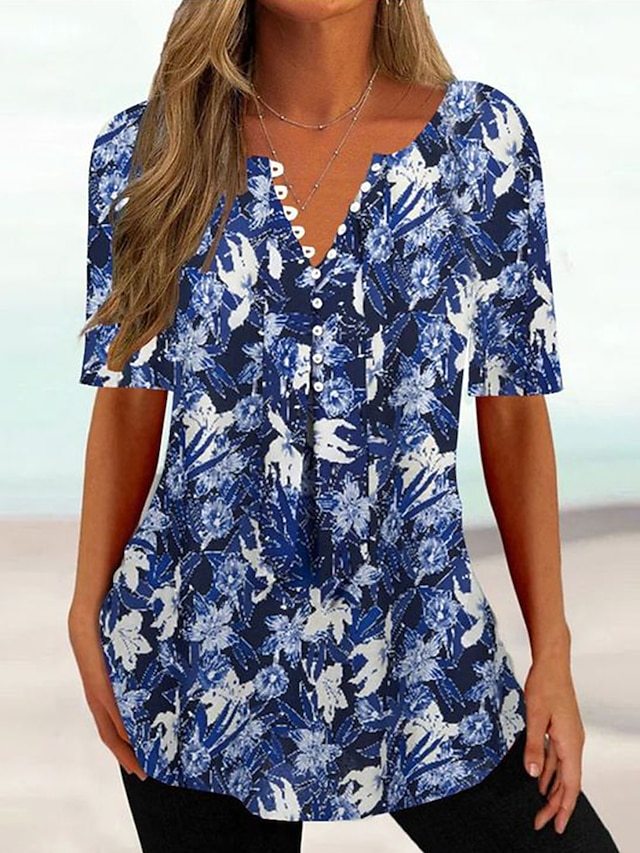 Women's T shirt Tee White Pink Blue Floral Button Print Short Sleeve Holiday Weekend Tunic Basic Round Neck Regular Floral Painting S
