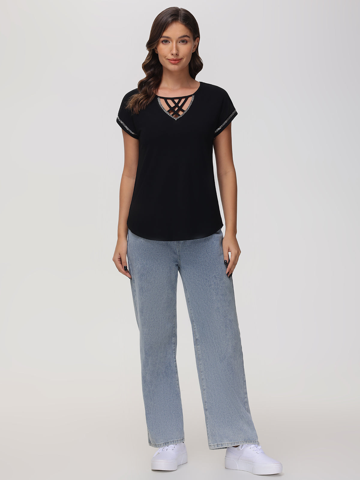 Lace Up Jeweled Dolman Top