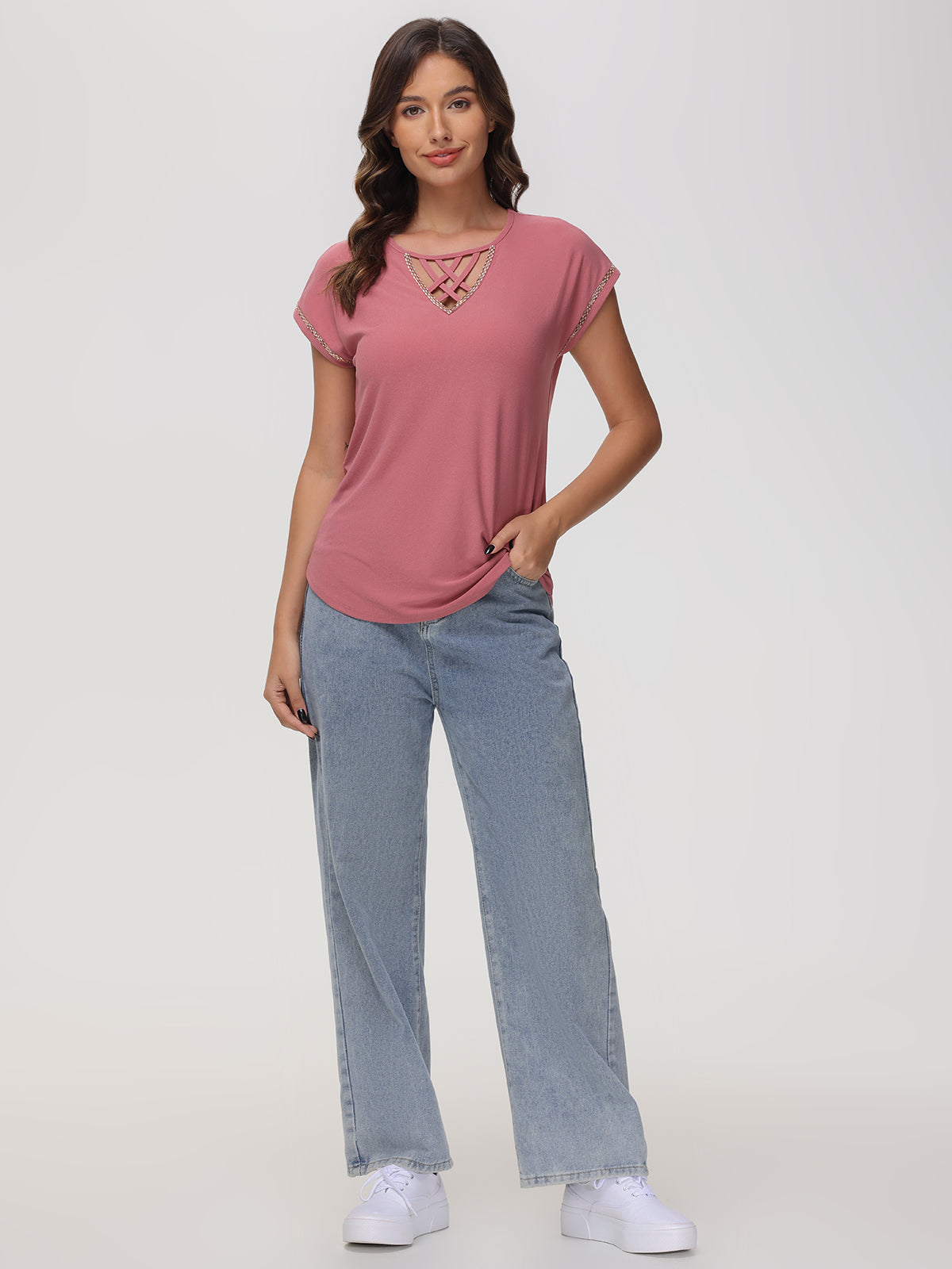 Lace Up Jeweled Dolman Top