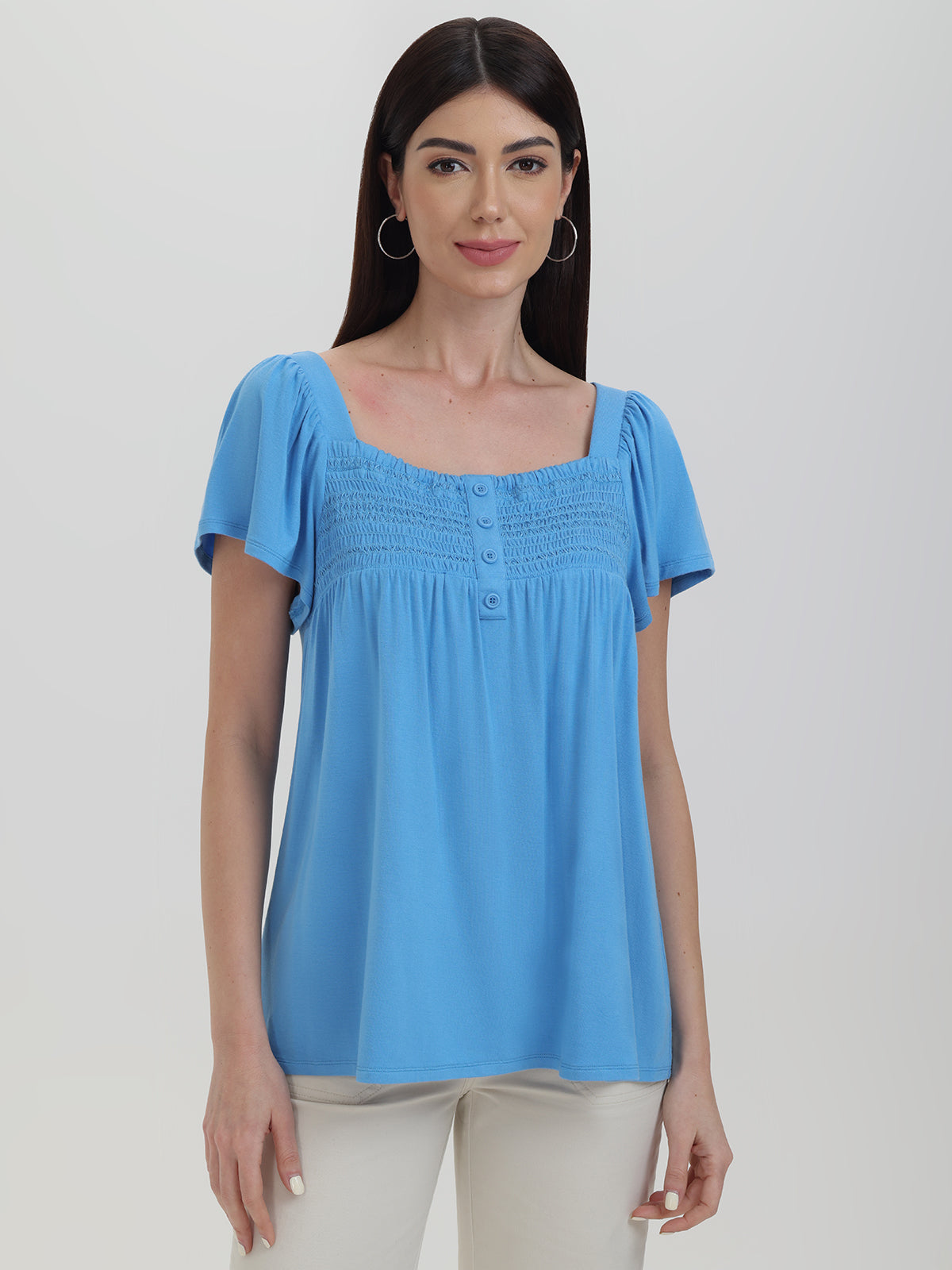 Smocked Flutter Sleeve Knit Top