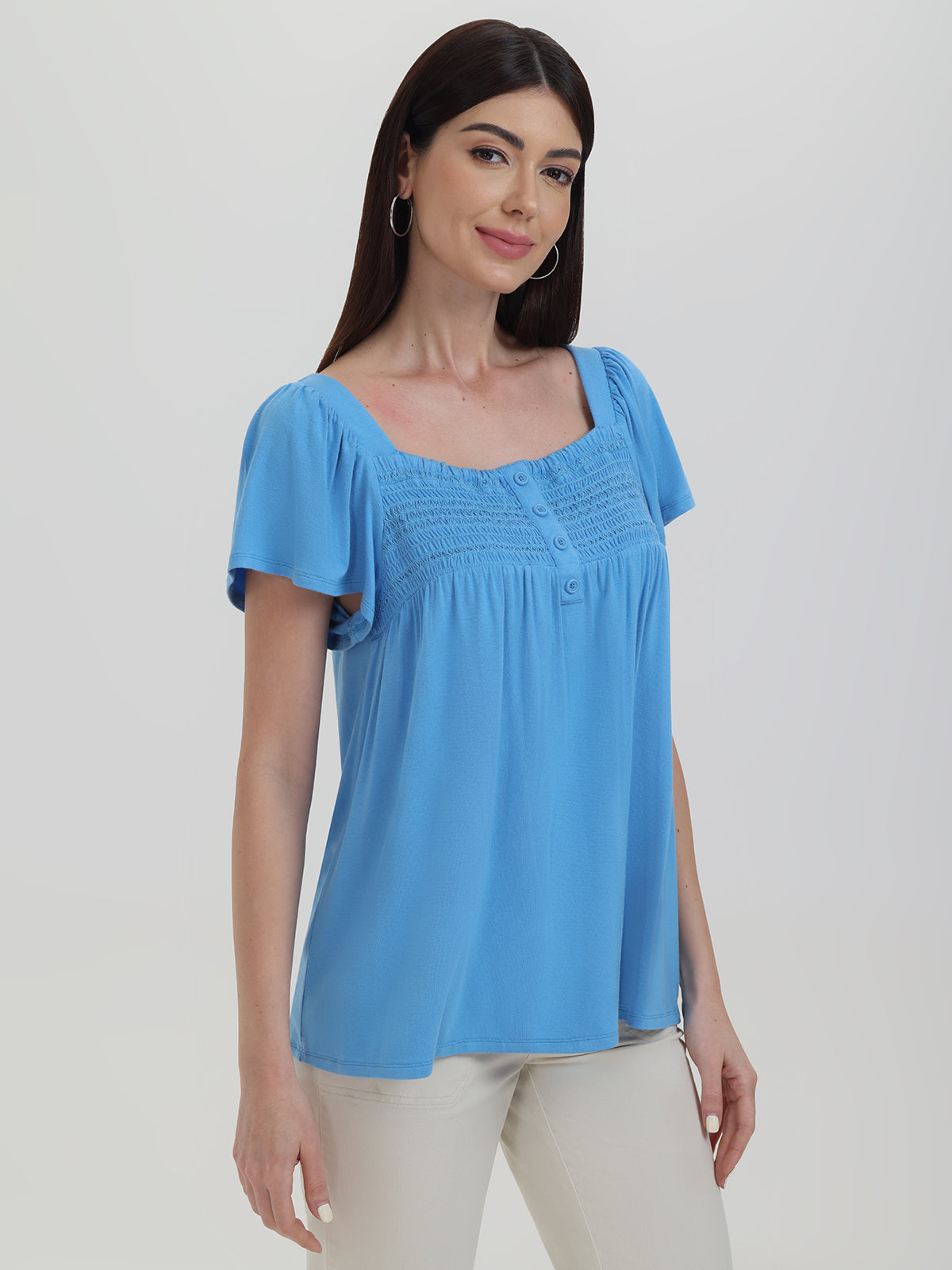 Smocked Flutter Sleeve Knit Top