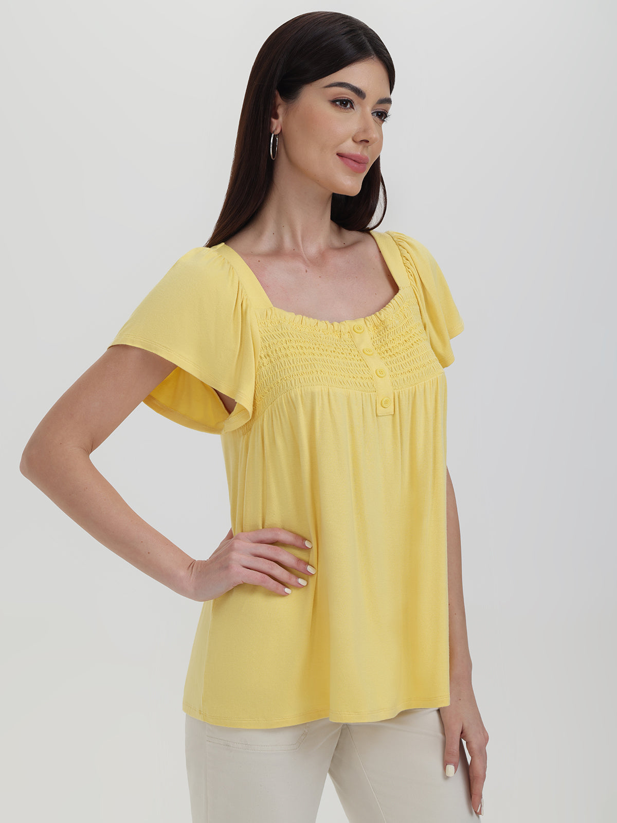 Smocked Flutter Sleeve Knit Top