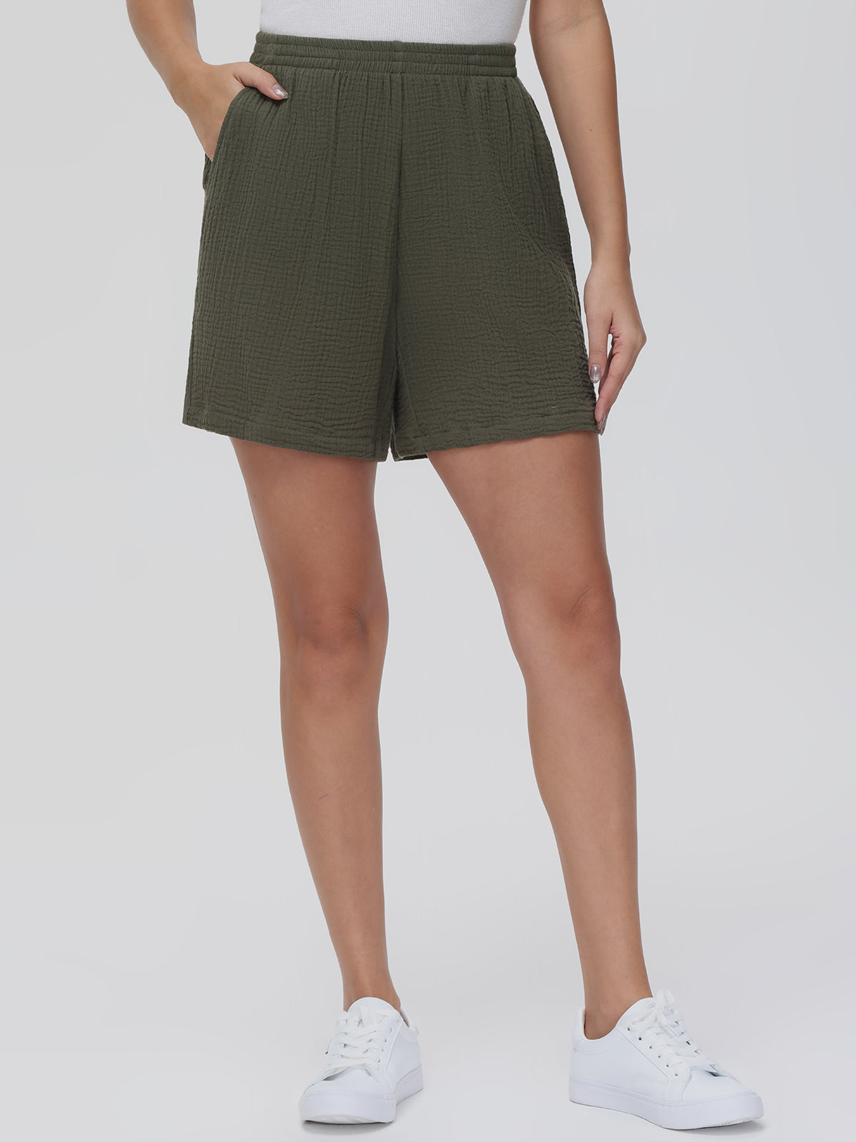 Cotton Crinkle Mid Rise Short Bottom