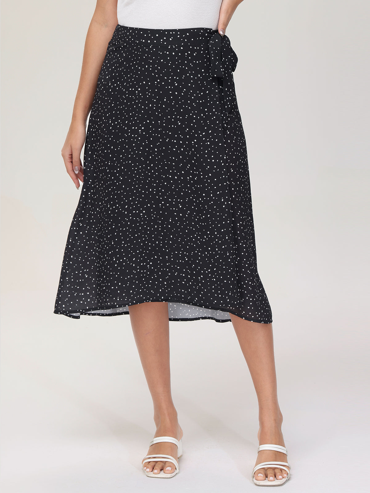 Mini Polka Dot Faux Wrap Midi Skirt