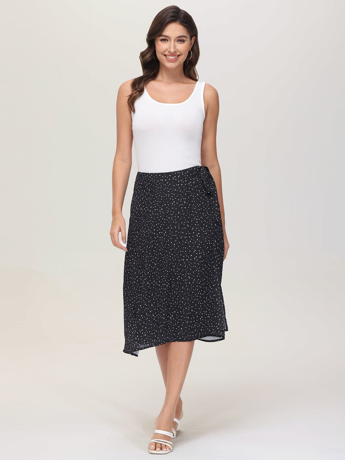 Mini Polka Dot Faux Wrap Midi Skirt
