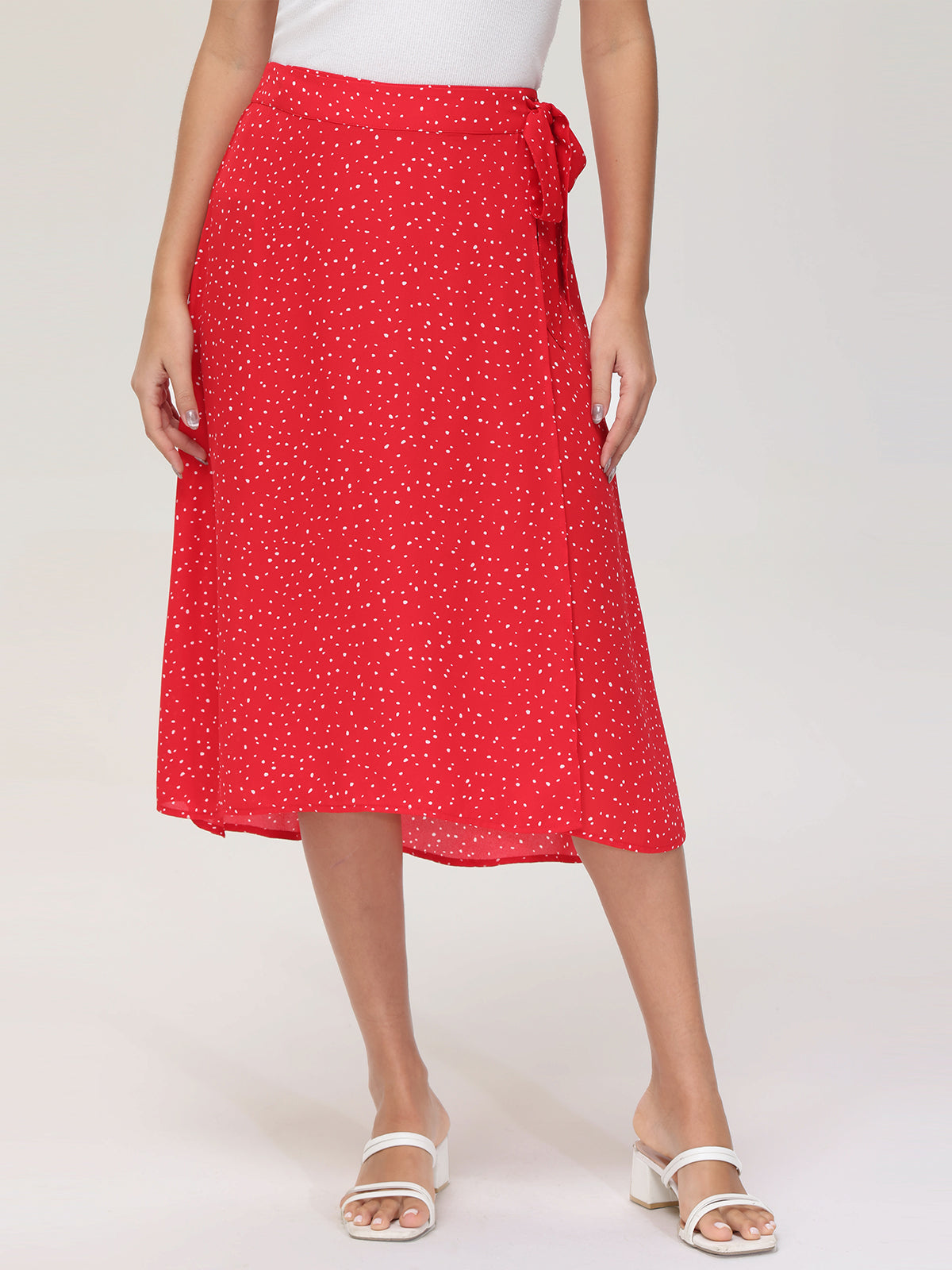 Mini Polka Dot Faux Wrap Midi Skirt