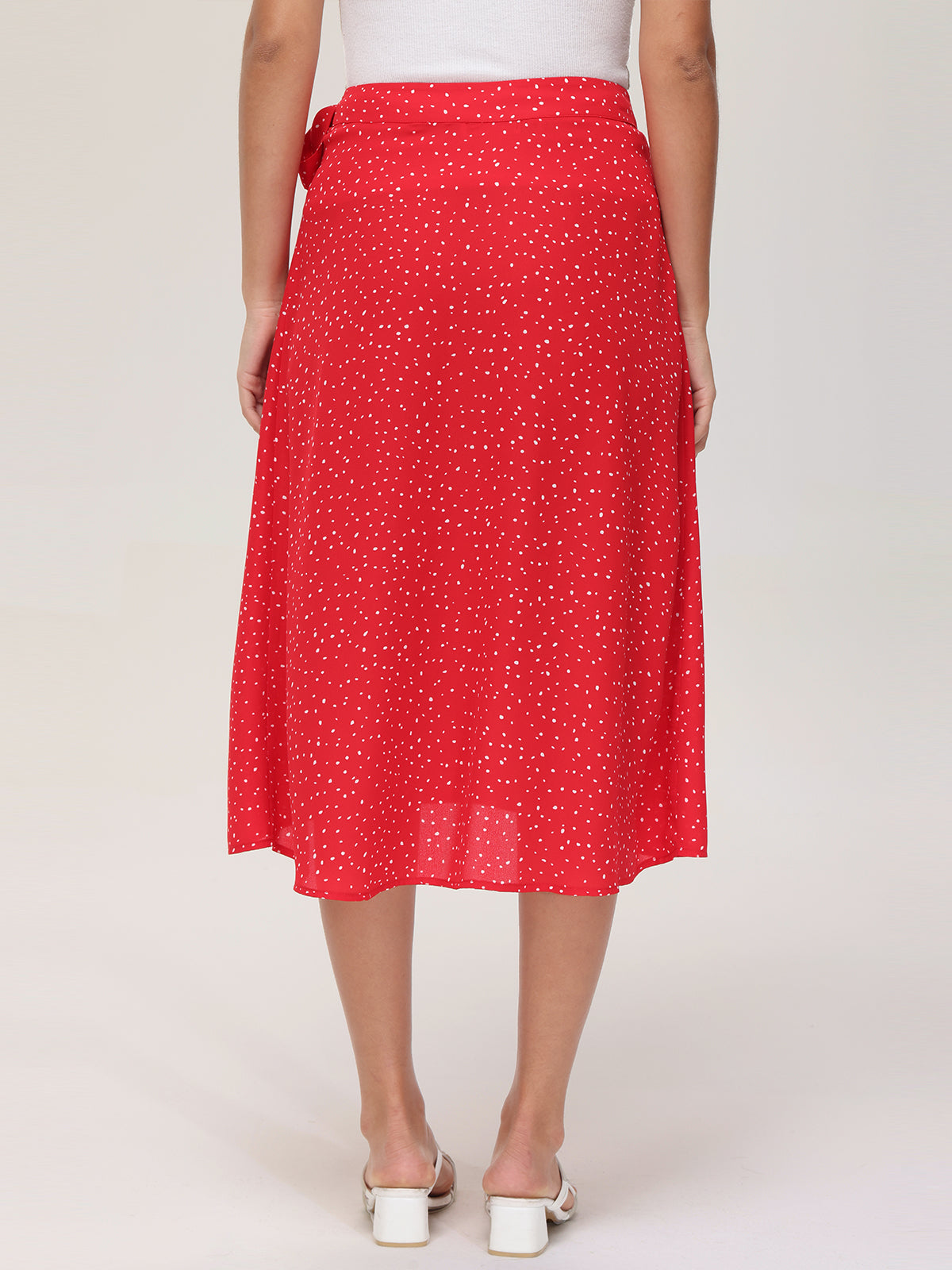 Mini Polka Dot Faux Wrap Midi Skirt