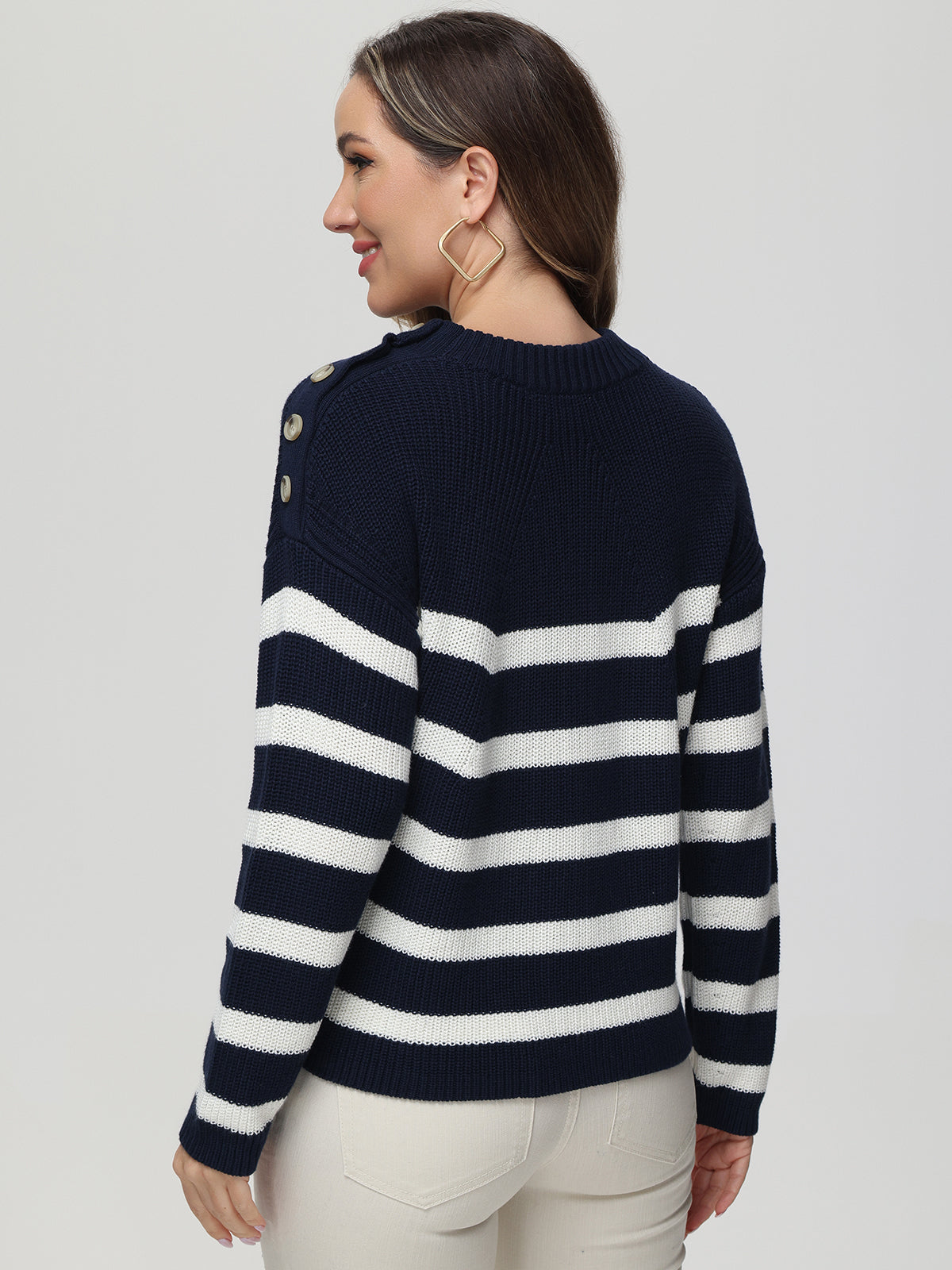 Button Shoulder Stripe Sweater