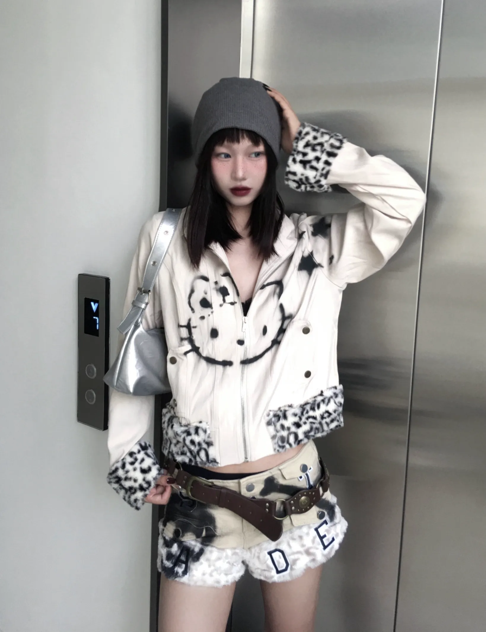 Hello Kitty Punk Graffiti Print Leather Jacket - Y2K Short Motorcycle Jacket for Women