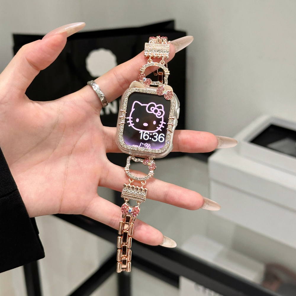 HK Crystal Accent Metal Band for Apple Watch - Bling Kitty Design, Compatible with Series 1-Ultra (38-49mm) 02250407