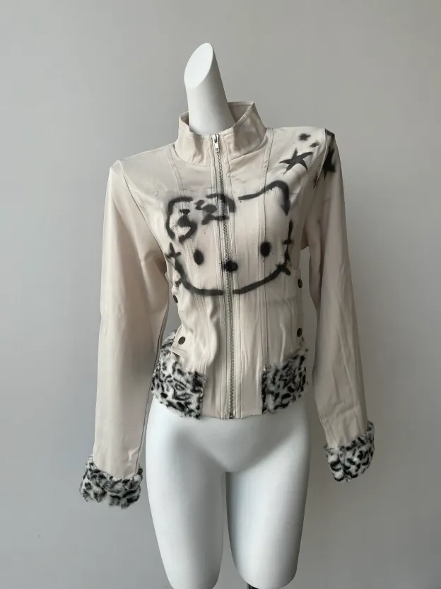 Hello Kitty Punk Graffiti Print Leather Jacket - Y2K Short Motorcycle Jacket for Women