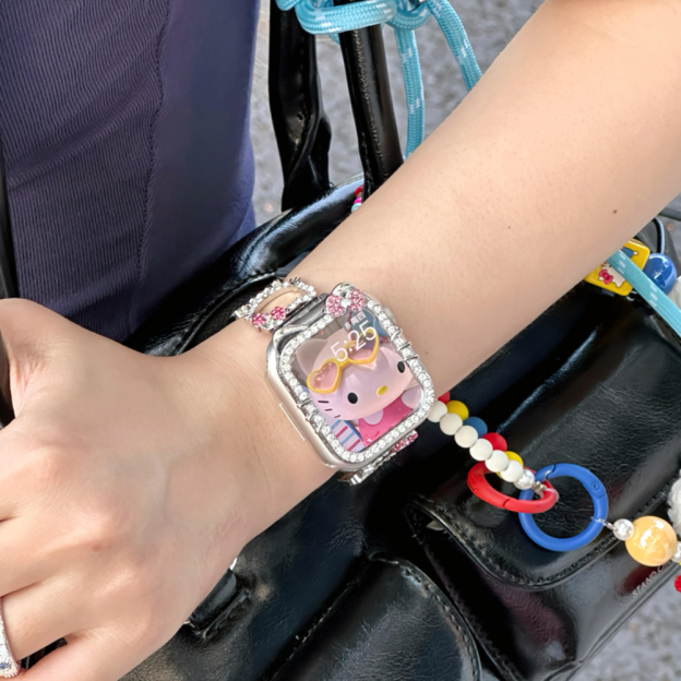 HK Crystal Accent Metal Band for Apple Watch - Bling Kitty Design, Compatible with Series 1-Ultra (38-49mm) 02250407