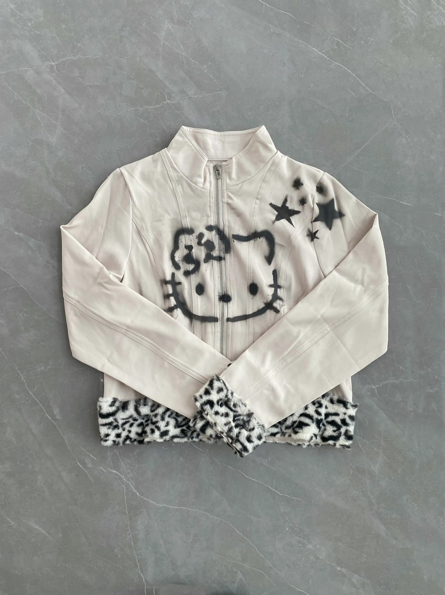 Hello Kitty Punk Graffiti Print Leather Jacket - Y2K Short Motorcycle Jacket for Women