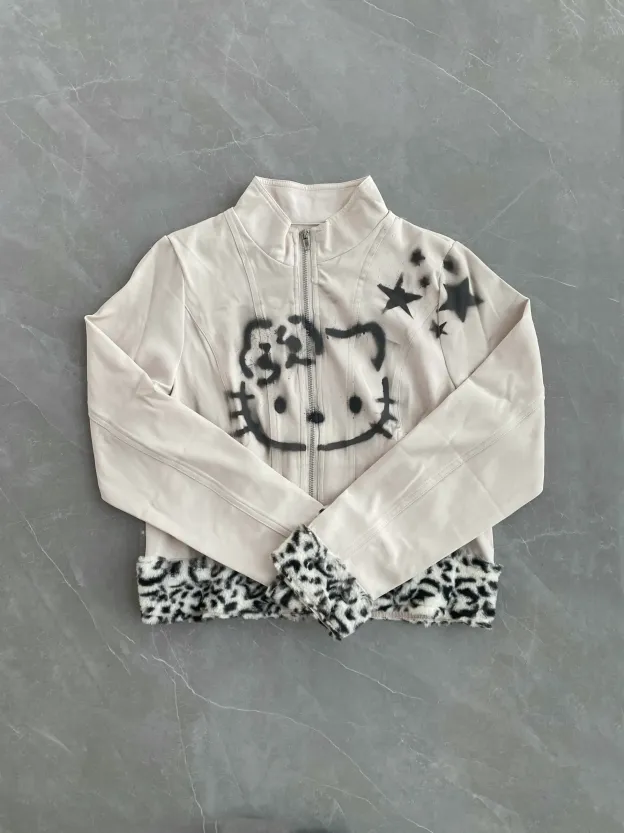 Hello Kitty Punk Graffiti Print Leather Jacket - Y2K Short Motorcycle Jacket for Women