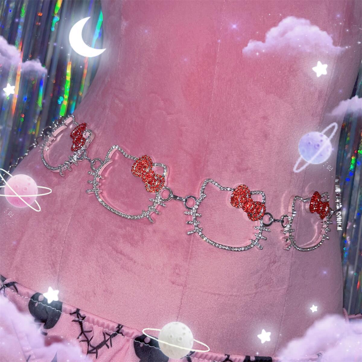 DIY HK Rhinestone Cat Head Y2K Harajuku Belt Chain - Kawaii Adjustable Waist Accessory 01250408
