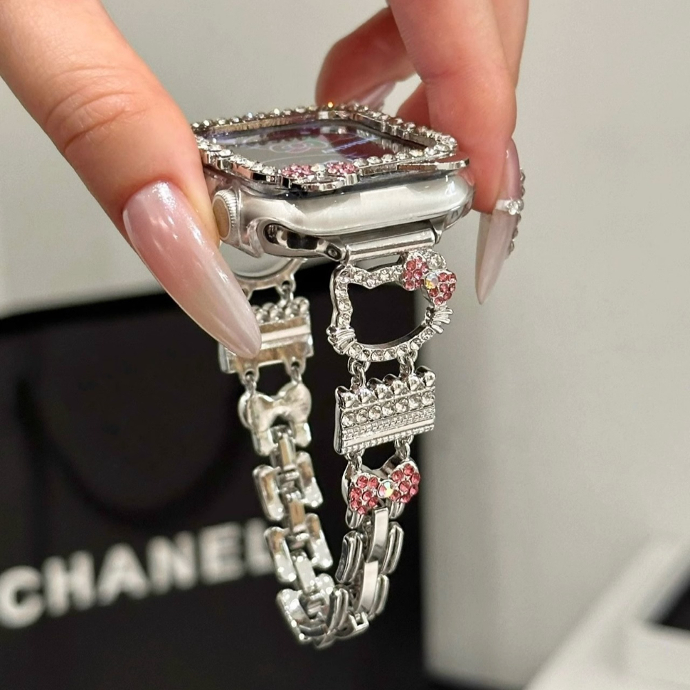 HK Crystal Accent Metal Band for Apple Watch - Bling Kitty Design, Compatible with Series 1-Ultra (38-49mm) 02250407