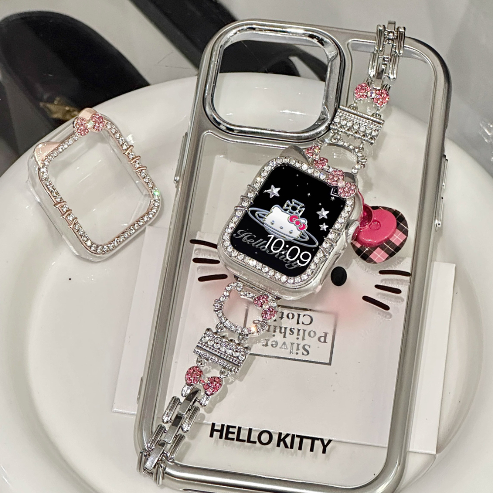 HK Crystal Accent Metal Band for Apple Watch - Bling Kitty Design, Compatible with Series 1-Ultra (38-49mm) 02250407