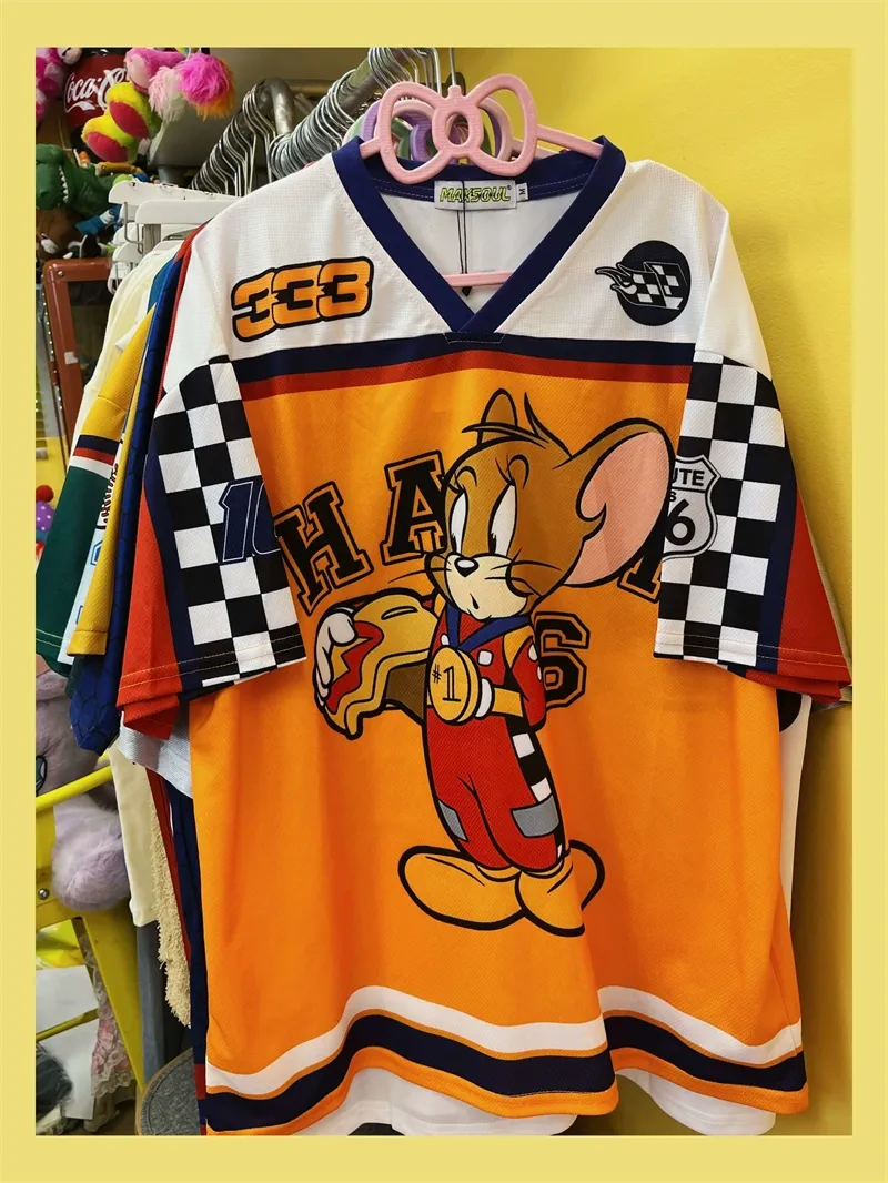 Retro American-style HK Cartoon Patchwork Jersey Loose Short-sleeved T-shirt for Men and Women-cutelalaco