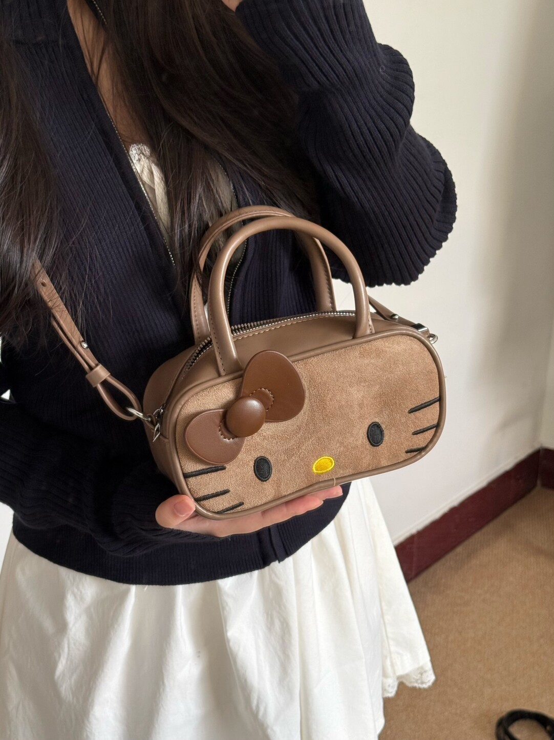 HK Boston Suede Crossbody Bag – Cartoon Style Autumn Shoulder Handbag 02251008