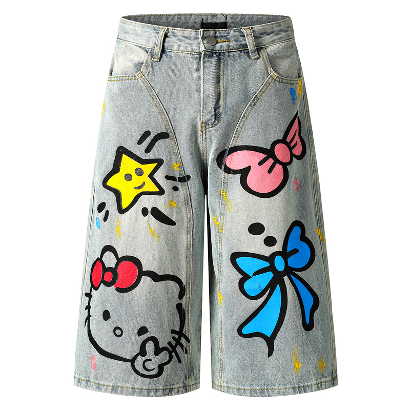 HK Graffiti Denim Shorts - Unisex Wide Leg Capris for Summer (S-XL)02250620