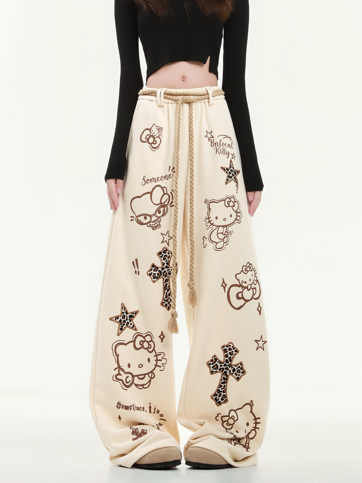 HK Wide Leg Sweatpants for Women – Hello Kitty Print Loose Fit Casual Pants, Autumn Straight Leg Trousers
