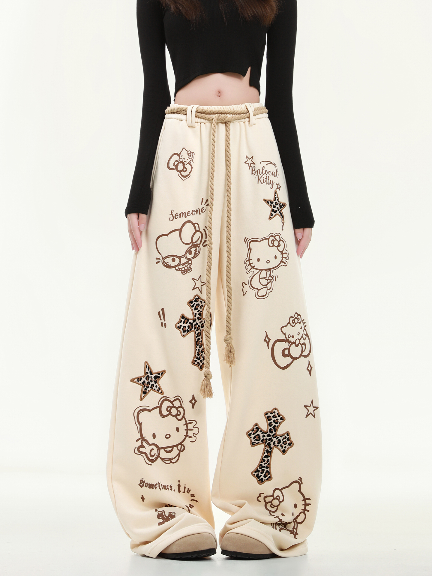 HK Wide Leg Sweatpants for Women – Hello Kitty Print Loose Fit Casual Pants, Autumn Straight Leg Trousers